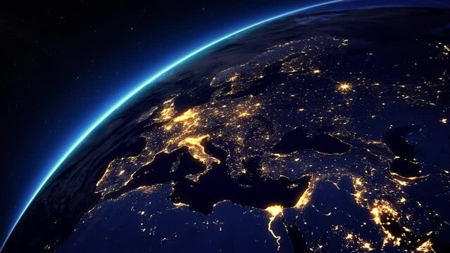 View of Europe from Space Satellite. Cities at Night. 3d Animation Modern Business and Technology Concept.