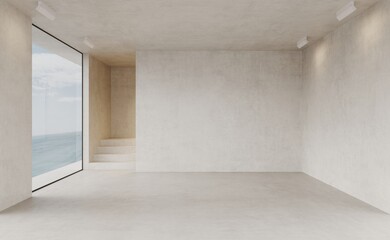 Empty spase, concrete room with concrete floor and stairs. Interior background and 3d render,  ocean view from the panoramic window