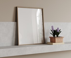 White painted wooden frame mockup close up on concrete table. Decor book and flower in a pot. 3d render