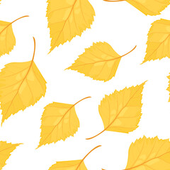 Autumn background with yellow fallen leaves. Vector botanical seamless pattern. Cartoon birch leaf.