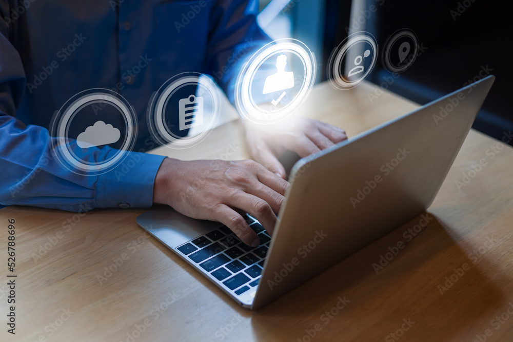 Poster person secure access to protected data on laptop , business man login laptop for access data
