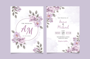 Set of card with purple flower rose and leaves. Wedding ornament concept. Floral poster invitation. Vector decorative greeting card or invitation design background