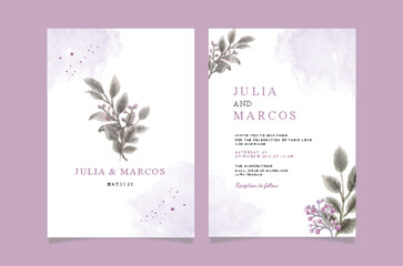 Set of card with purple flower rose and leaves. Wedding ornament concept. Floral poster invitation. Vector decorative greeting card or invitation design background