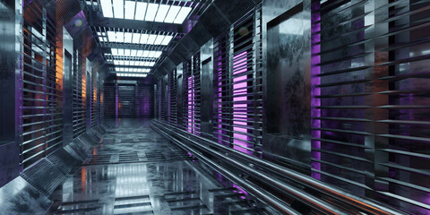 dark abstract tehcnology space station floor with neon light 3d render illustration - obrazy, fototapety, plakaty