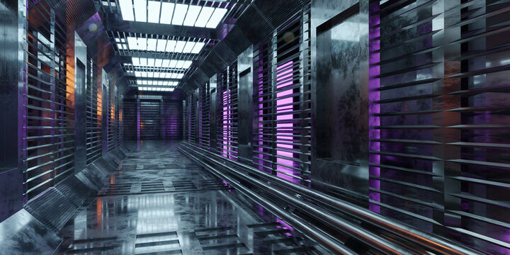 dark abstract tehcnology space station floor with neon light 3d render illustration