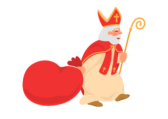 Saint Nicholas going and carrying bag of gifts. Catholic St. Nicolas.