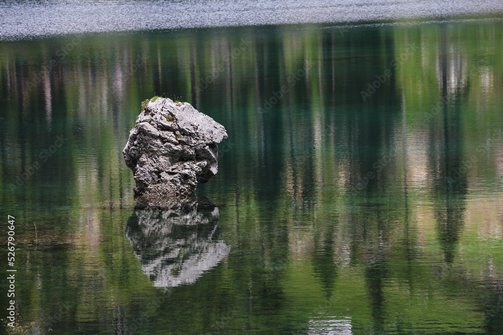 Poster beautiful view of the calm lake with reflection of trees in the water