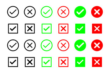 A colection of web button variants: green check mark and red cross. Many options, Vector icons.