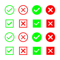 A colection of web button variants: green check mark and red cross. Many options, Vector icons.