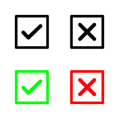 A colection of web button variants: green check mark and red cross. Many options, Vector icons.