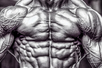 Fototapeta na wymiar Close up on perfect abs. Strong bodybuilder with six pack. Fitness concept. 3D illustration.
