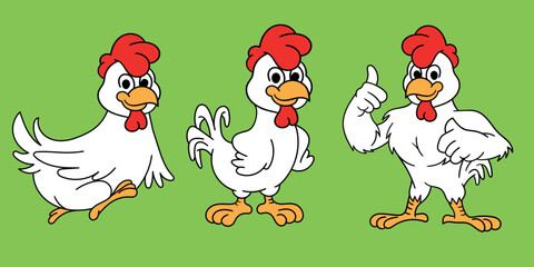 Set of funny chicken cartoons, hen in various poses, illustration isolated on white background.