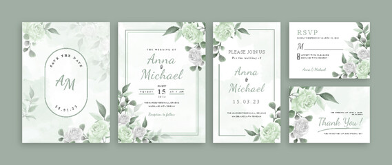 Set of card with green flower rose and leaves. Wedding ornament concept. Floral poster invitation. Vector decorative greeting card or invitation design background.