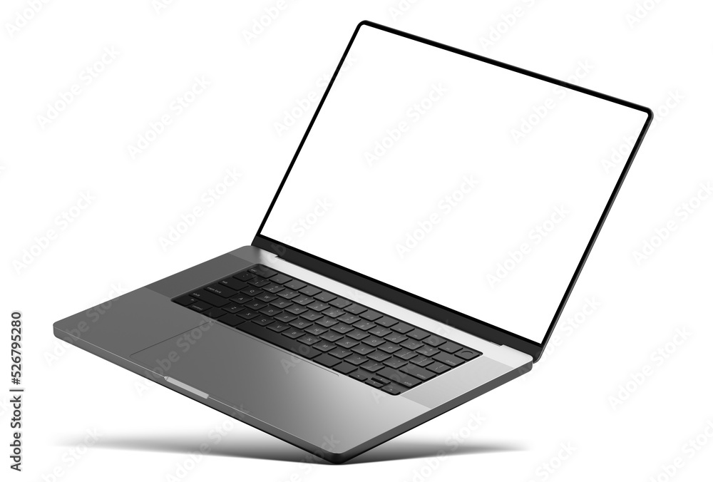 Poster laptop rotated standing on the corner with shadow - isolated on transparent background - png format 