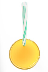 Glass of orange juice and orange slices on white background