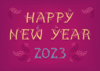 Happy New Year 2023 Artistic inscription with folk botanical decor
