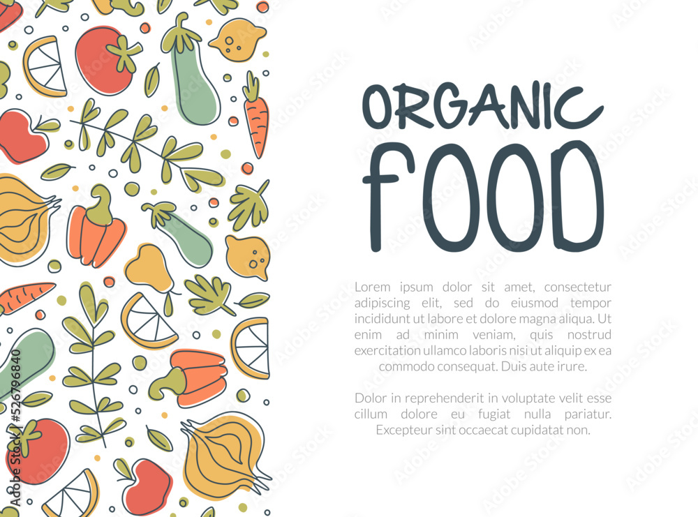 Sticker organic food banner with ripe fruit and vegetable vector template