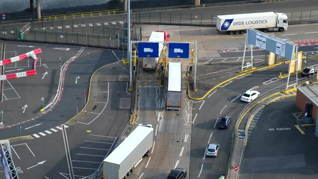Port of Dover in Kent, UK with cars/lorries unloading from the ferry coming from France