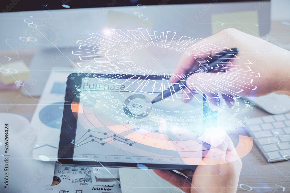 Aufkleber Multi exposure of man's hands holding and using a digital device and data theme drawing. Innovation concept.