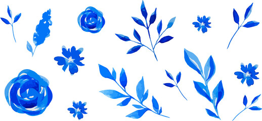 Hand drawn watercolor blue flower set. Monochrome set. Watercolor in vector format. Rose. Branch. Leaves. Blue. Elements for decor. Simple watercolor.