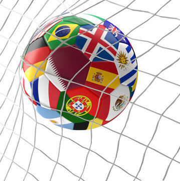 soccer ball flags design 3d-illustration, focus on the flag of Qatar