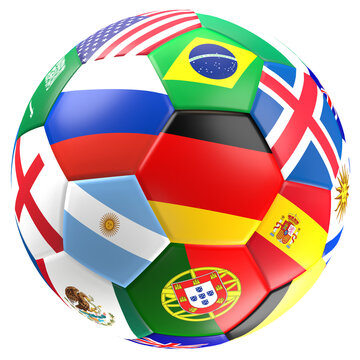 soccer ball flags design 3d-illustration, focus on the flag of Russia and Germany