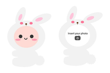 Obraz na płótnie Canvas Cute little bunny rabbit sitting on floor. Snap your face into photo frame. Isolated on white background, flat design, EPS10 vector