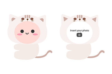 Cute little white cat sitting on floor. Snap your face into photo frame. Isolated on white background, flat design, EPS10 vector