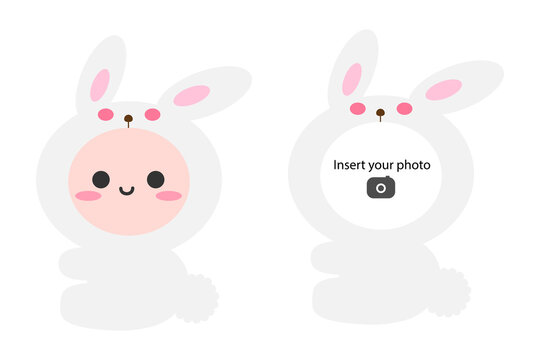 Cute little bunny rabbit sitting on floor. Snap your face into photo frame. Isolated on white background, flat design, EPS10 vector