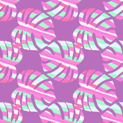 Decorative monstera silhouettes seamless pattern. Exotic palm leaves wallpaper.