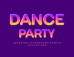 Vector glossy emblem Dance Party. Bright Colorful Font. Modern set of Alphabet Letters and Numbers