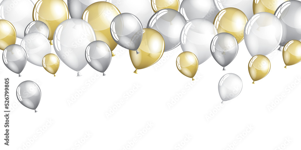 Sticker silver and gold balloons and confetti illustration on a white background - design banner for birthda