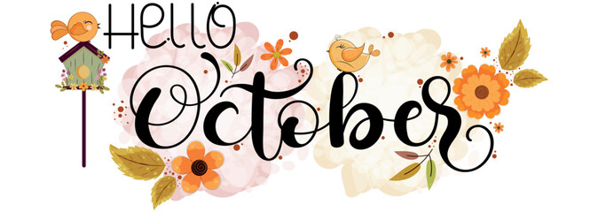 Hello October. OCTOBER month vector with flowers, birds and leaves. Decoration floral. Illustration month October calendar © Luchelle