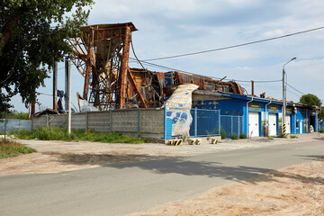 Horenka, Ukraine - August 25, 2022: the consequences of russian invasion in Kyiv region near Gostomel. Civil buildings were bombed and heavily damaged