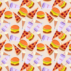 Seamless pattern of fast food or junk food , cheese burger, salami pizza, cold drink, milk shake with marshmallow soft drink etc on almond color background. textile design, advertisement, poster.