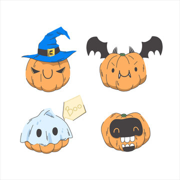 Set of pumpkins in funny halloween costumes. A witch in a blue hat, a ghost in a sheet, a skull mask and a vampire bat outfit with wings and ears.