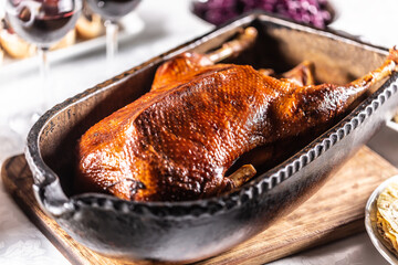 Traditionally roasted goose in an original baking dish