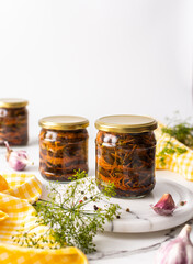 Preserving vegetables for the winter, canned chopped eggplant with carrots , copy space