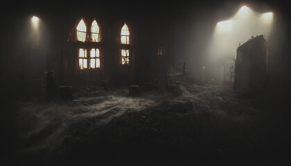 Dark atmospheric horror background. Haunted house. Dramatic sky, old, abandoned house, light in the windows. 3D illustration. - obrazy, fototapety, plakaty