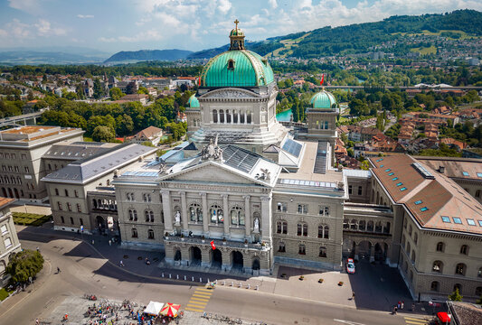 The Swiss Capital Building in Bern. Drone panorama of Swiss Goverment building