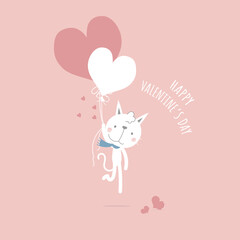cute and lovely hand drawn cat and heart balloons, happy valentine's day, birthday, love concept, flat vector illustration cartoon character design isolated