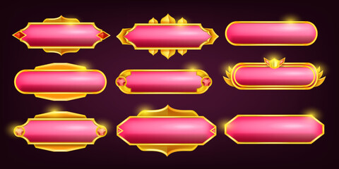 Game button set, avatar text frame kit, UI golden pink badge, fantasy royal RPG interface border. Decoration shiny medieval collection, winner metal cartoon title label. Jewellery game button assets