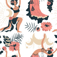 Seamless pattern in boho tribal dance with snakes