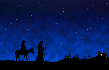 Joseph and Mary journey on blue background