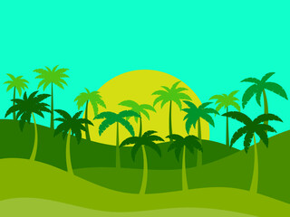 Fototapeta na wymiar Tropical landscape with palm trees in a minimalist style. The contours of palm trees against the background of the sun in flat style. Design for printing poster and banner. Vector illustration