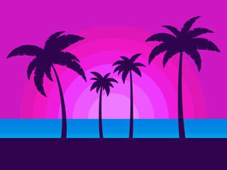 Obraz na płótnie Canvas 80s retro sci-fi palm trees on a sunset. Retro futuristic sun with palm trees on the seashore. Romantic sunset. Summer time. Synthwave and Retrowave style. Vector illustration