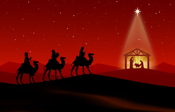 Chritmas Nativity Scene on red background