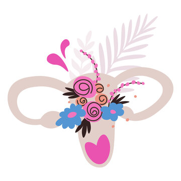 Female uterus with flowers inside. Concept of women's health and hygiene. Illustration with transparent background.