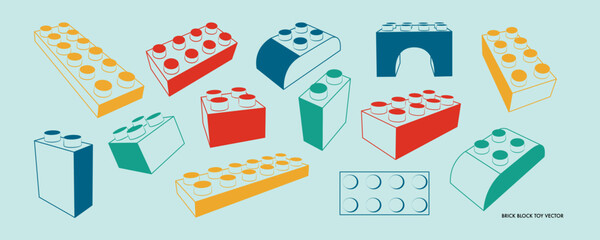 Set of toy brick block in different position. Retro geometric illustration of a construction game. Various items for sale, announcements for children store. Vector flat illustration icon.