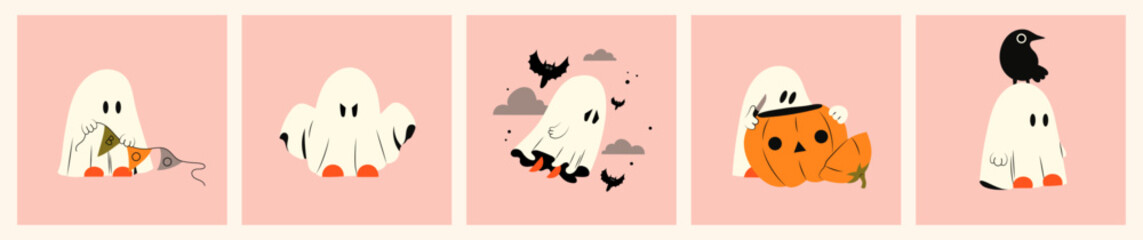 host emotional expression. Halloween phantom with different character. Concept of mystical drawings for decoration. Flat vector illustration isolated on pink background.